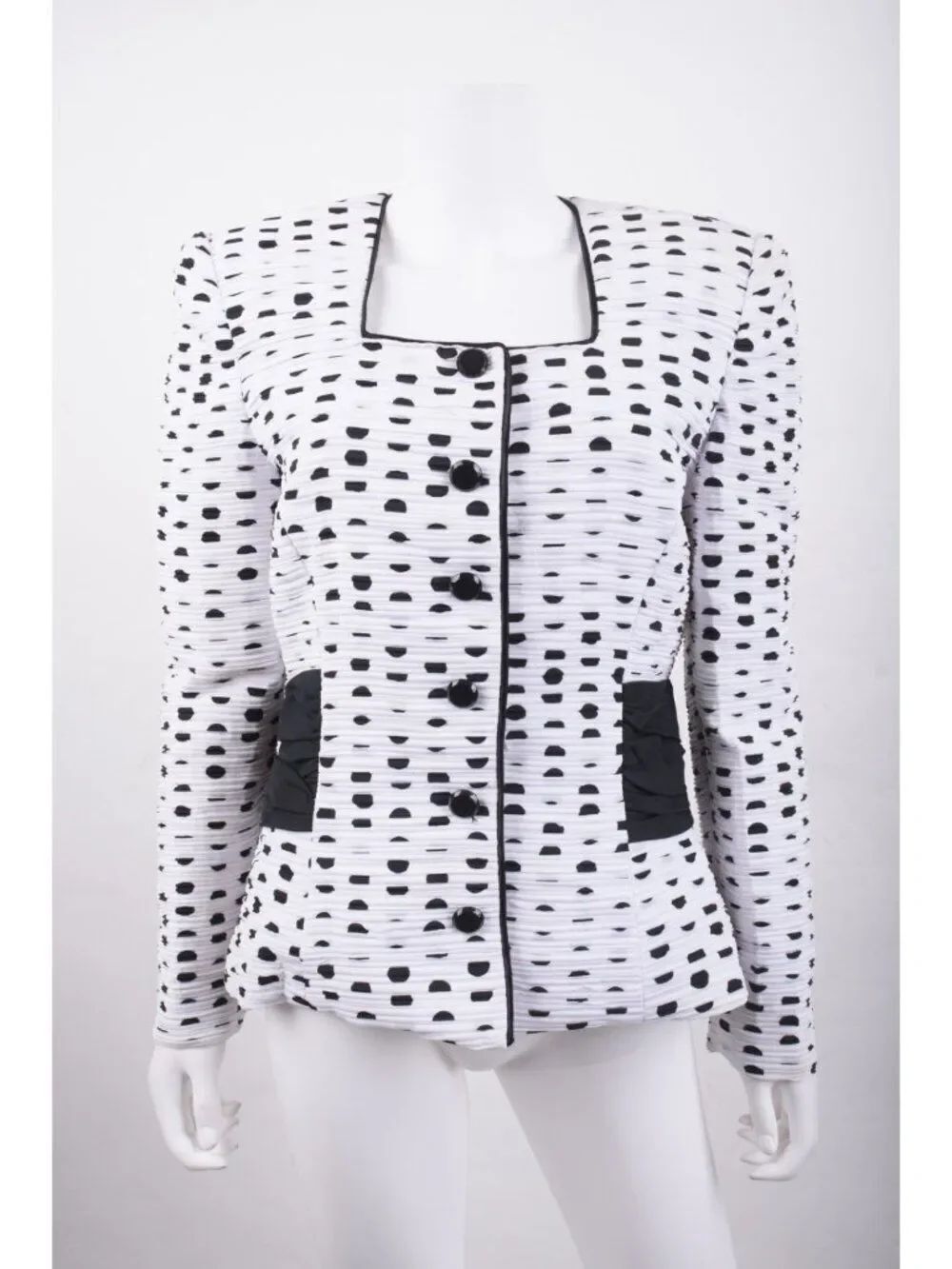 Vintage Nolan Miller Womans BOW Suit Jacket Blazer Size 8 Black White Polka Dot